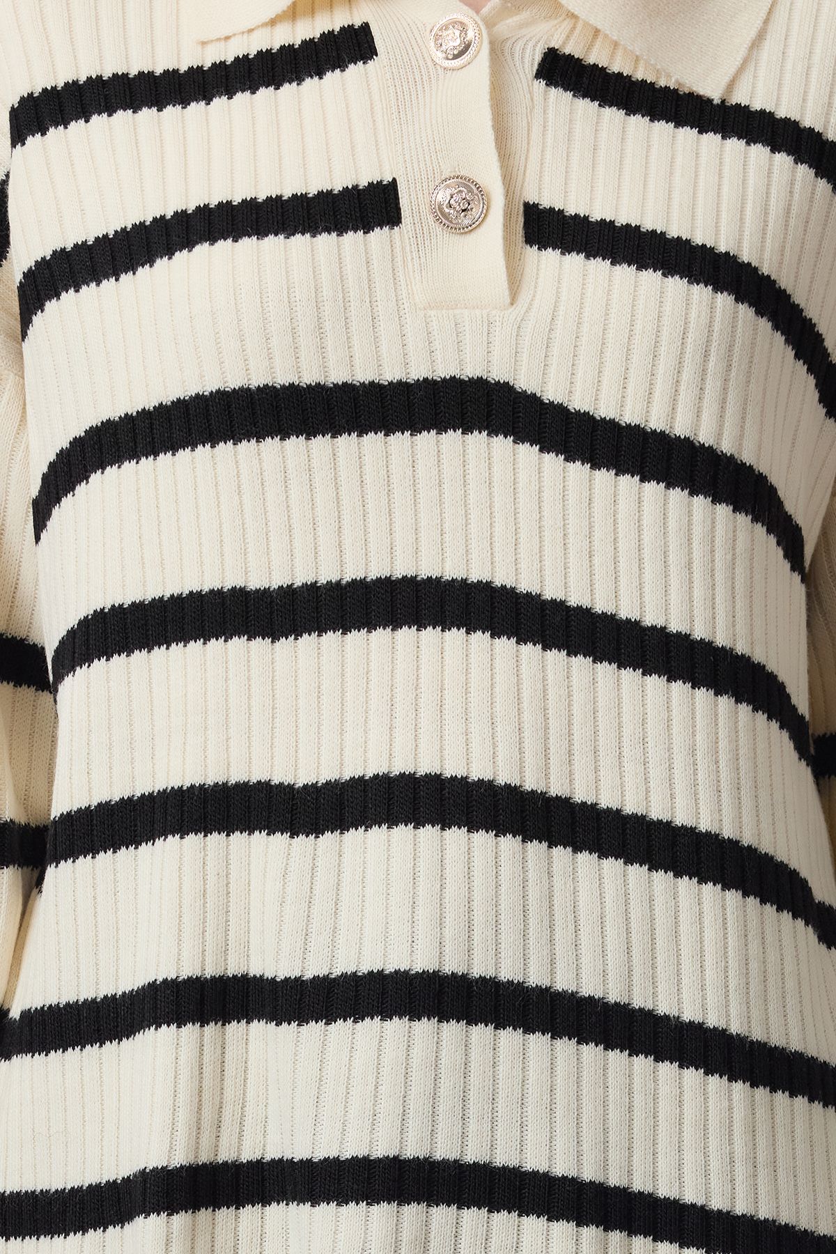 Edit by Trendyol-Ecru Striped Polo Collar Knitwear Sweater Tedaw25Kz00045 3