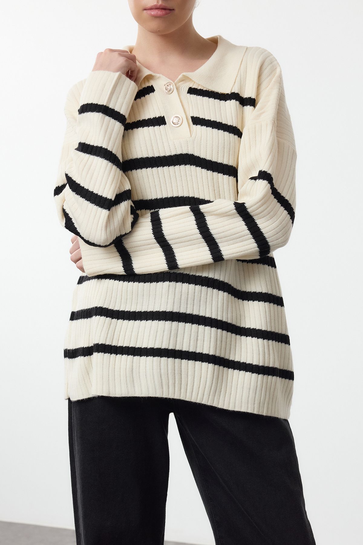 Edit by Trendyol-Ecru Striped Polo Collar Knitwear Sweater Tedaw25Kz00045 1