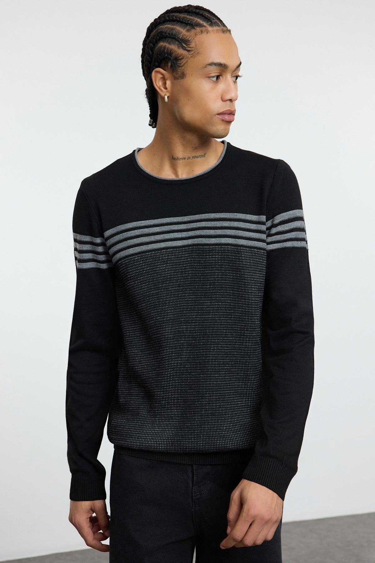 Trendyol Collection-Black Slim Slim Fit Crew Neck Striped Knitwear Sweater Tmnaw25Kz00029 3