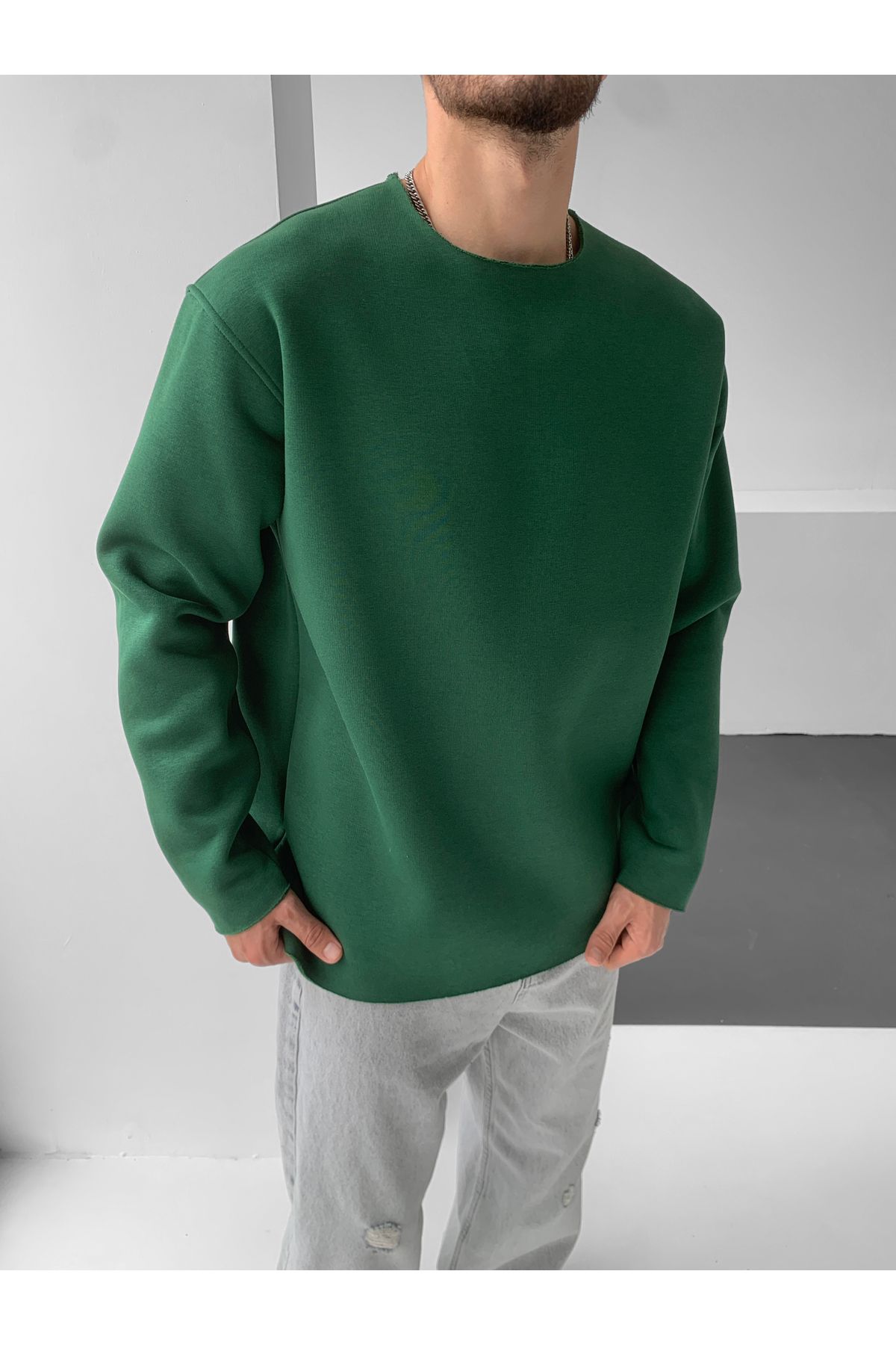 NO1 KONSEPT-Green Laser Cut Oversize Basic Sweatshirt 1