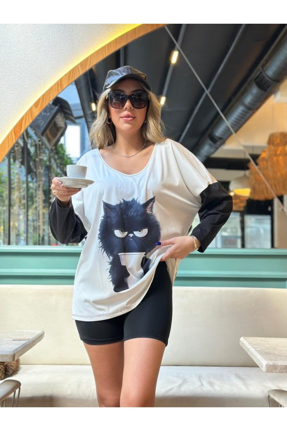 MD Kumsal Kadın Uzun Kollu V Yakalı Kedi Baskılı şardonlu Dalgıç Bluz