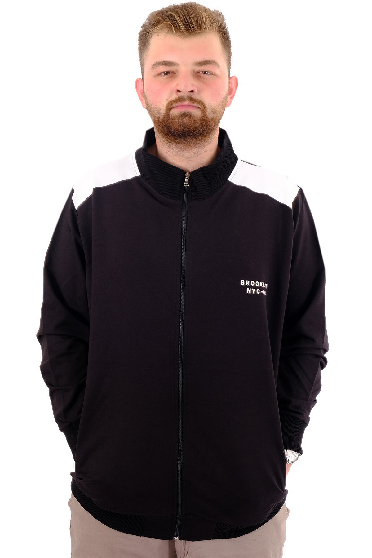 ModeXL Mode XL Büyük Beden Erkek Eşofman Üstü Dik Yaka Fermuarlı BROOKLYN U24522 Siyah-Ekru