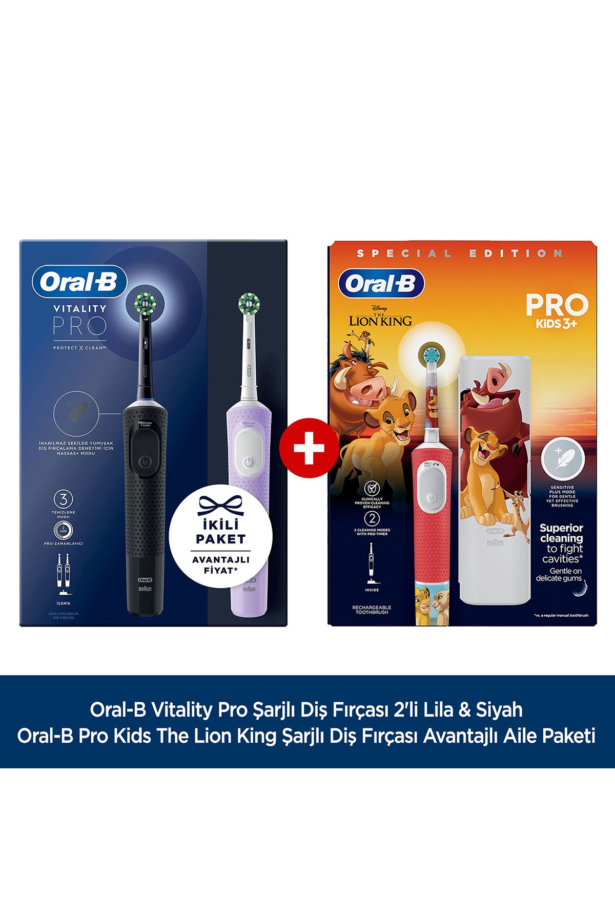 Oral-B Vitality Pro 2'li Siyah&Lila + Lion King Şarjlı Diş Fırçası Avantajlı Aile Paketi