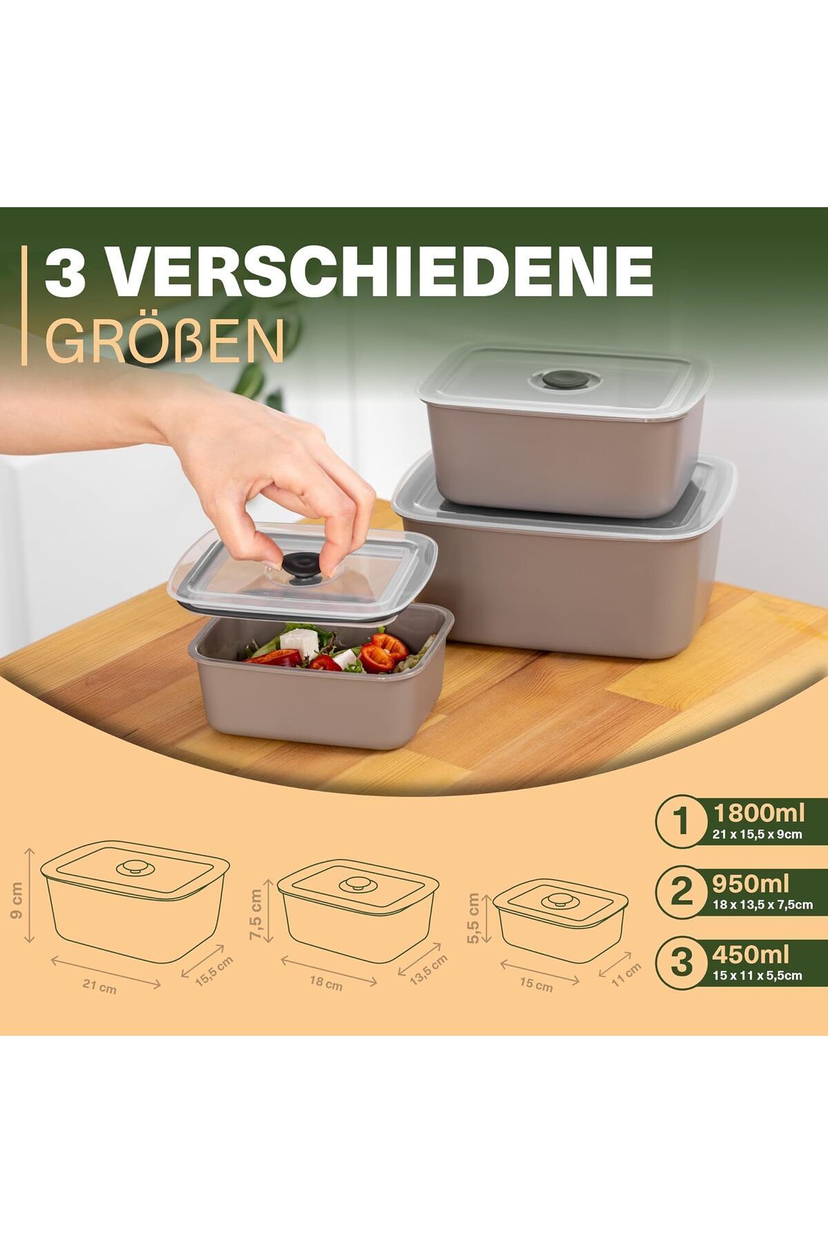 Viwares-Vakuumdosen 3er Set Beige - Luftdicht, Frischhaltend & Stapelbar 2