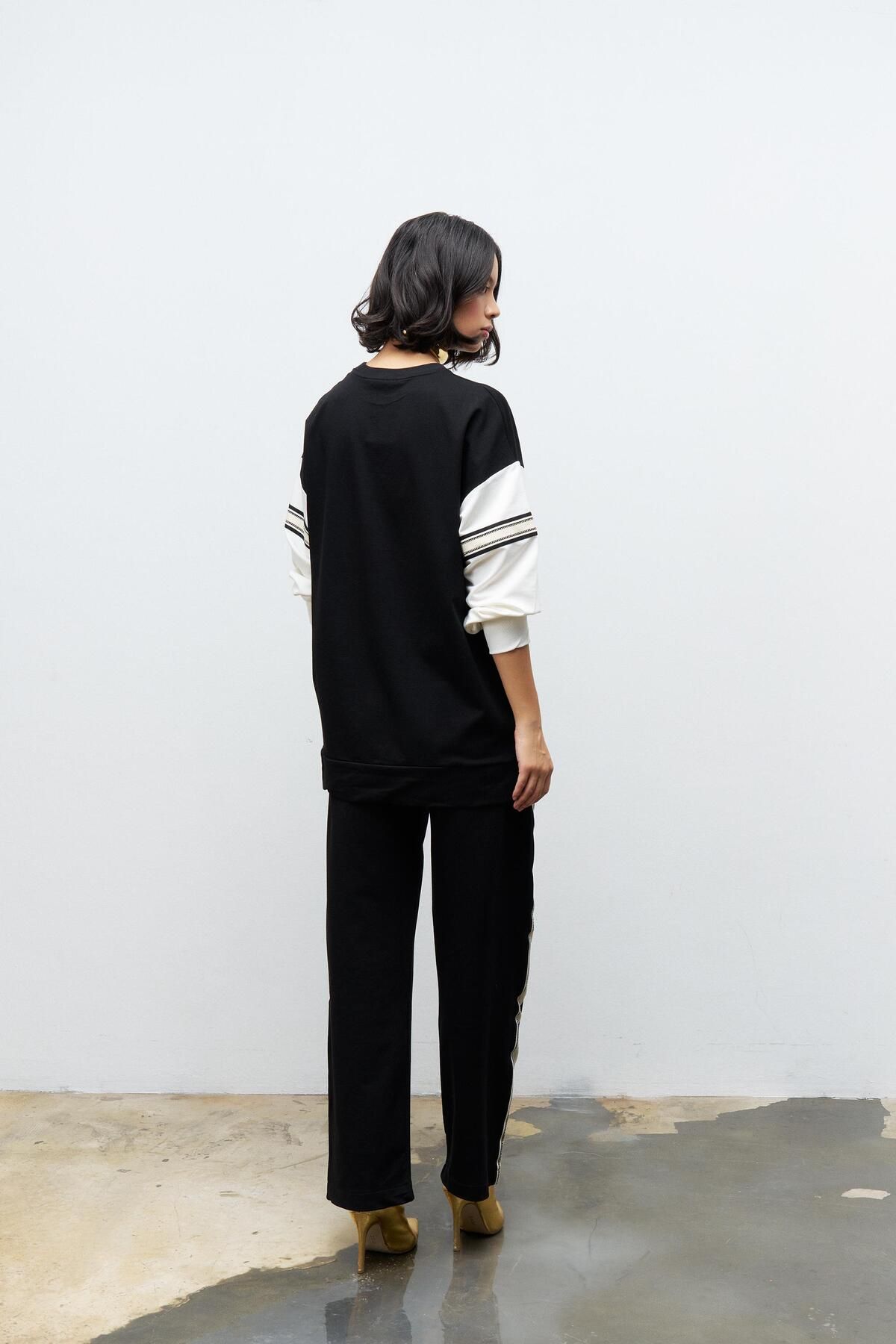 Basicpark-Black Women's Wide Leg Elastic Waist Stripe Detailed Cotton Knitted Bottom and Top Set 5