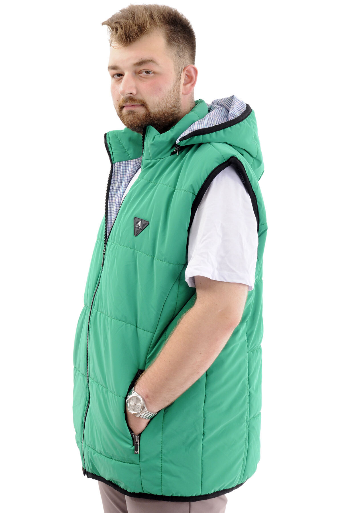 ModeXL Mode XL Erkek Büyük Beden Şişme Yelek Cepli Çıkarılabilir Kapüşonlu U24703 Yeşil görsel 2