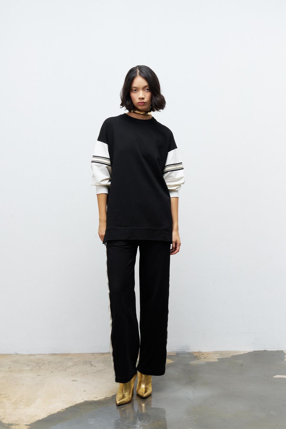 Basicpark-Black Women's Wide Leg Elastic Waist Stripe Detailed Cotton Knitted Bottom and Top Set 2