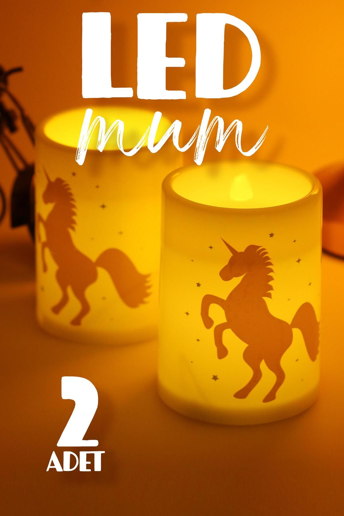 DEKORANLA İkili Led Mum Seti, Unicorn Bardak Tasarımı, Pilli, Alevsiz, Dekoratif, Yapay Mum