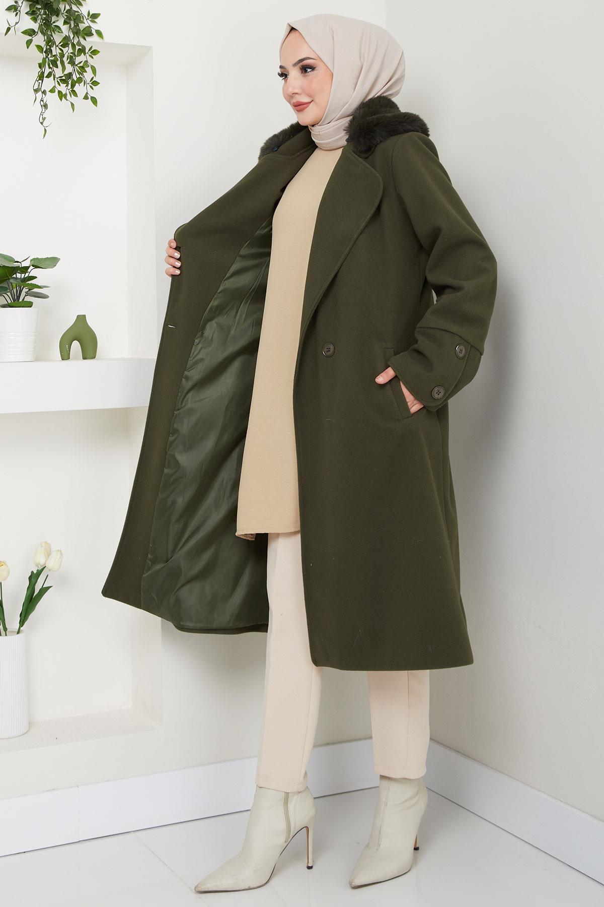 hafsamina  Yakası Kürk Detaylı Kaşe Kaban Haki HM2583 - Görsel 6