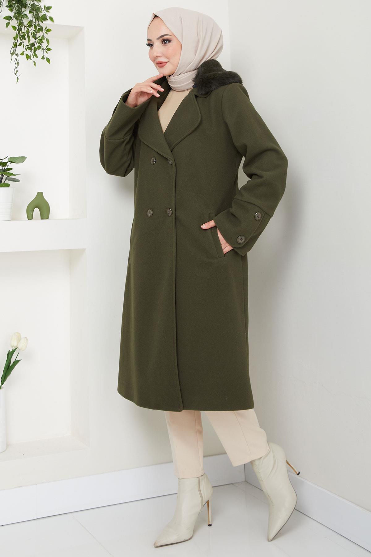 hafsamina  Yakası Kürk Detaylı Kaşe Kaban Haki HM2583 - Görsel 4