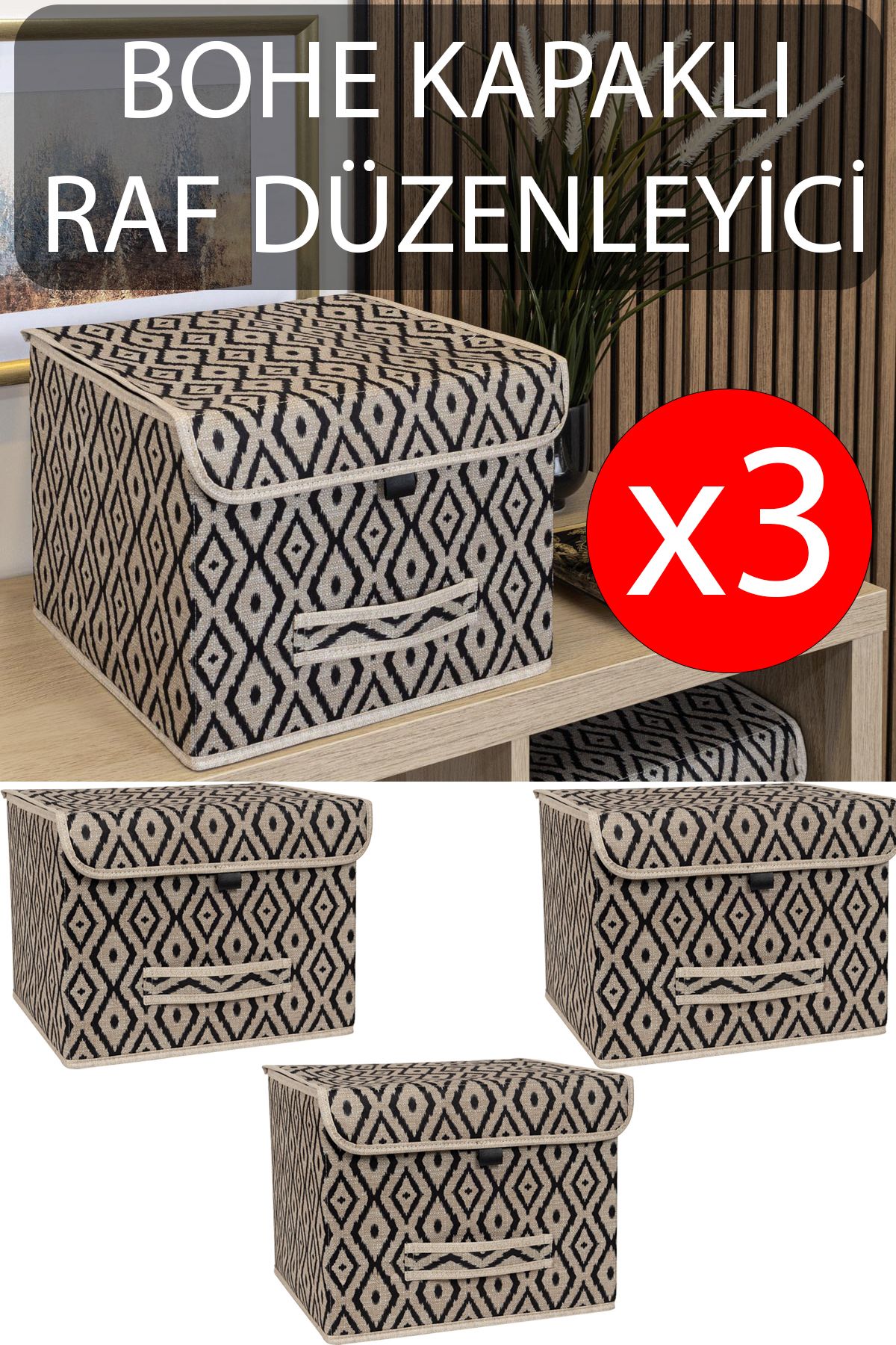teknotrust Bej Kapaklı Kutu Seti, 3'lü Organizer, Düzenleyici, Mini Hurç, 30x30x23 cm