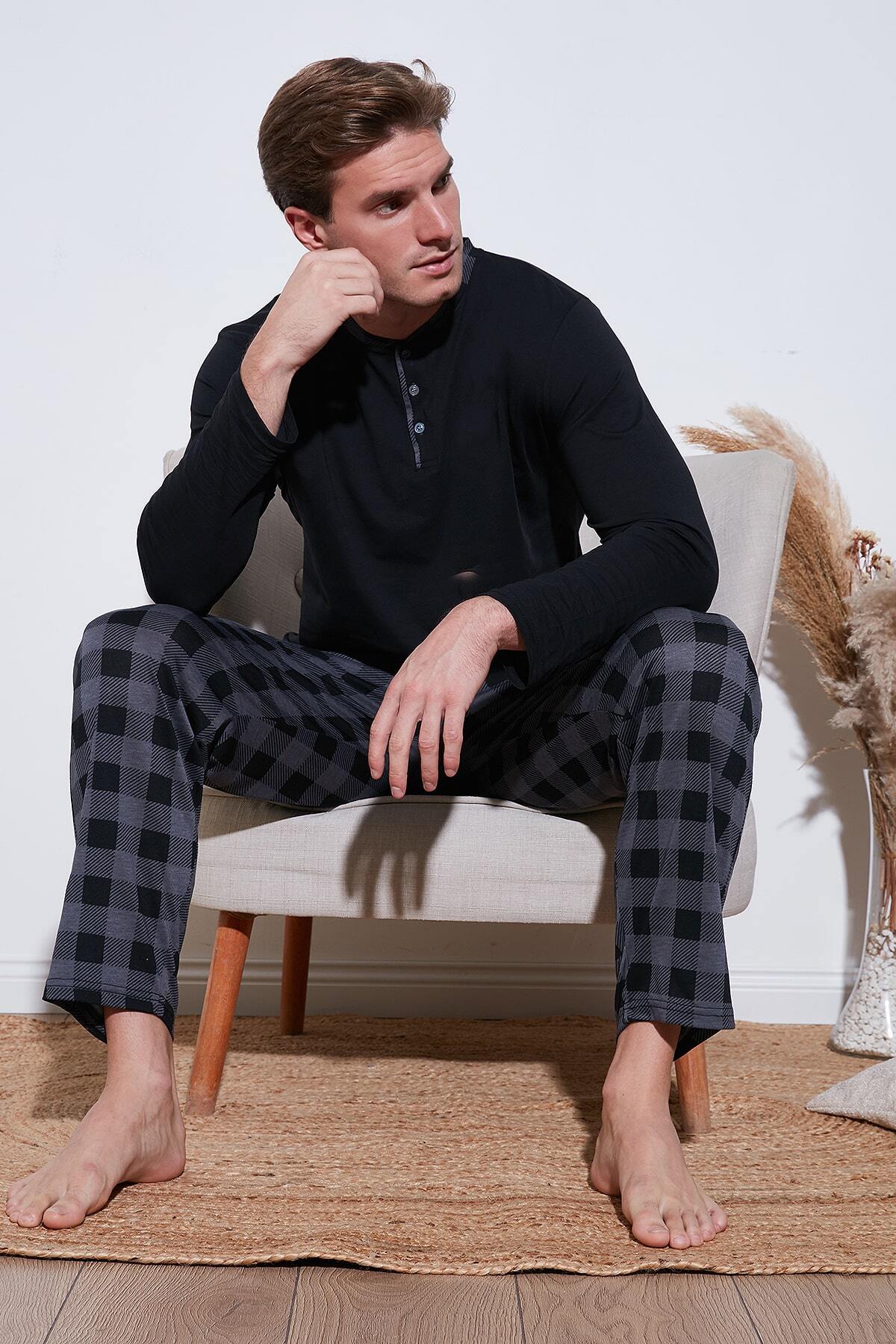 Buratti Ekoseli Pamuklu Regular Fit Uzun Kollu Pijama Takımı Erkek Pijama Takımı 60961005