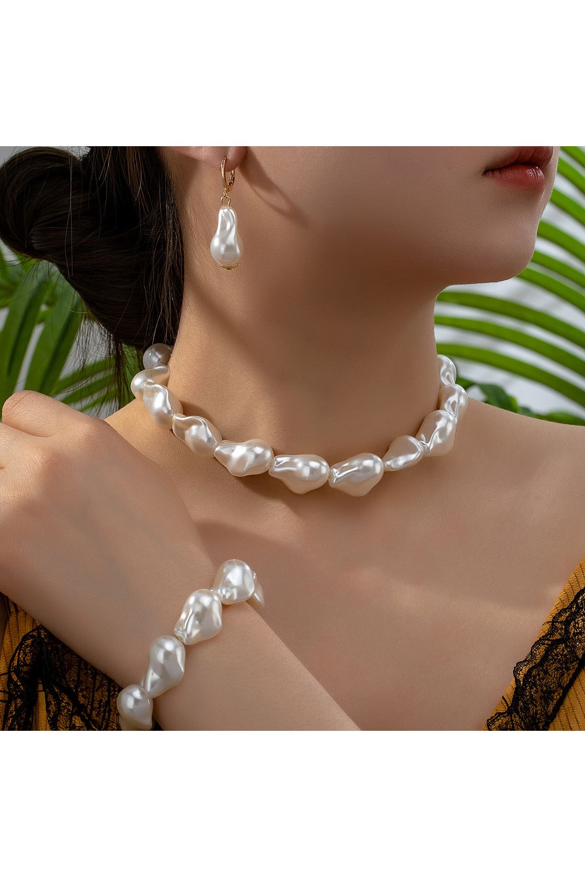 İPAR AKSESUAR-Irregular Ecru Baroque Pearl Bride Set Design Necklace 5