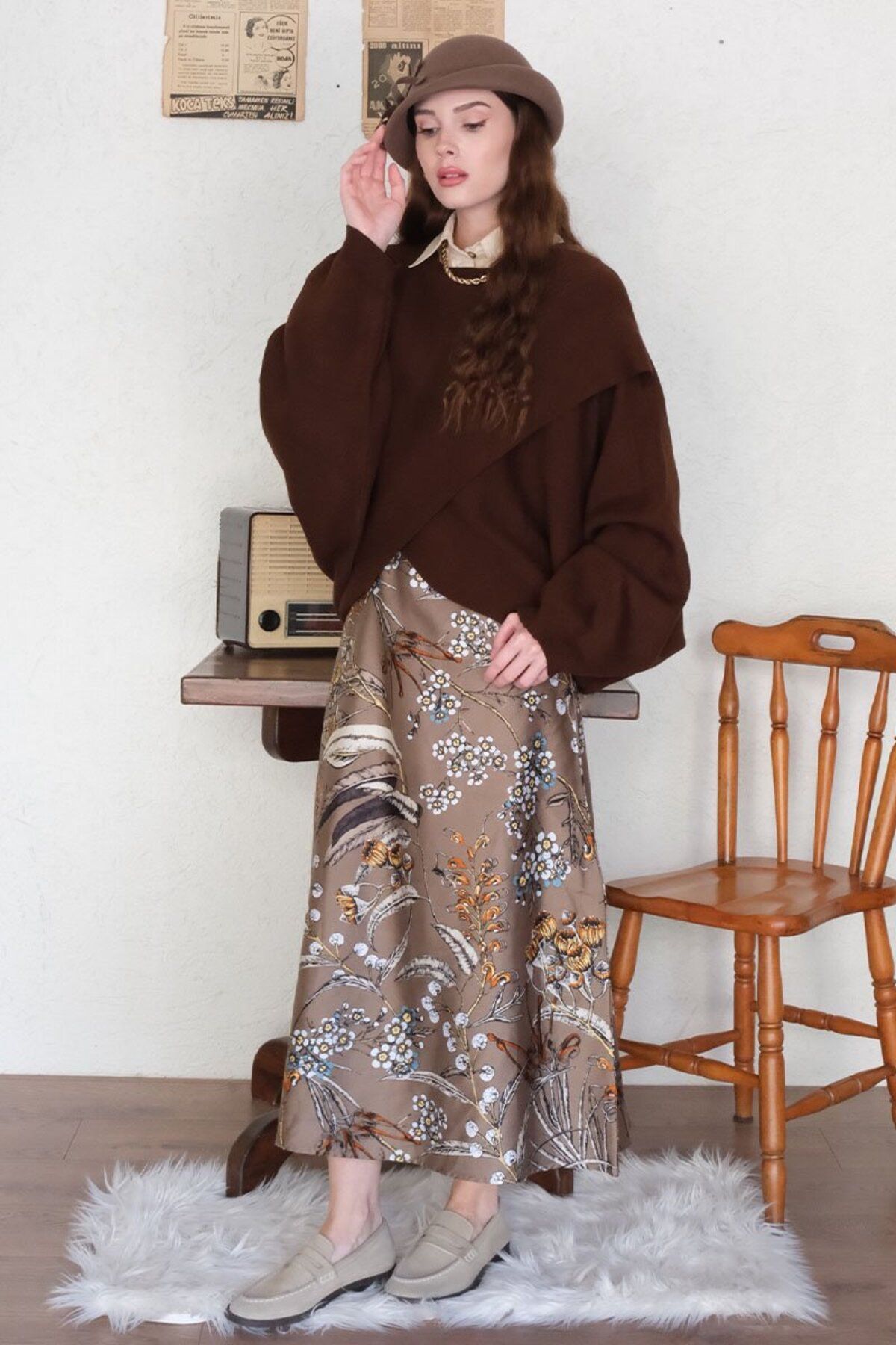 Ceylan Otantik-Brown Patterned Cotton Satin Flared Skirt 3