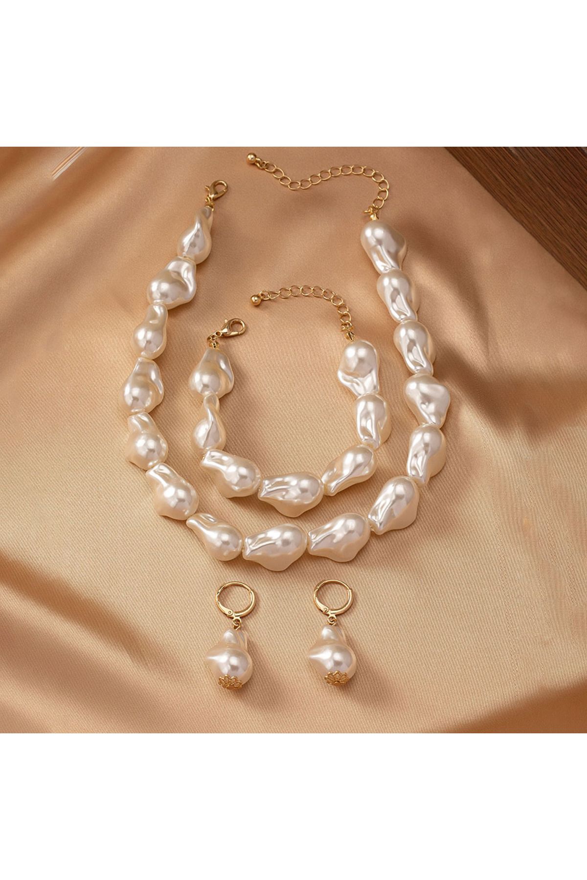 İPAR AKSESUAR-Irregular Ecru Baroque Pearl Bride Set Design Necklace 3