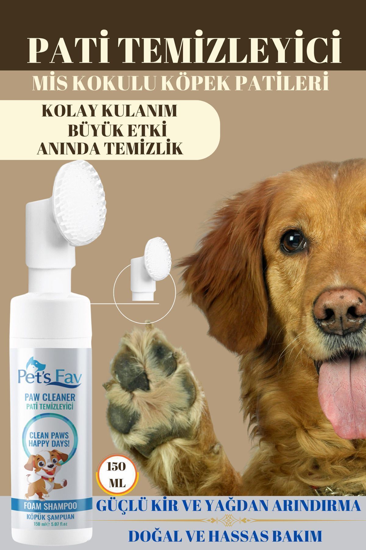 Pets Fav Köpek Hızlı ve Pratik Pati Temizleyici Organik ve Doğal Kuru Köpük Şampuanı Özel Fırçalı Başlık