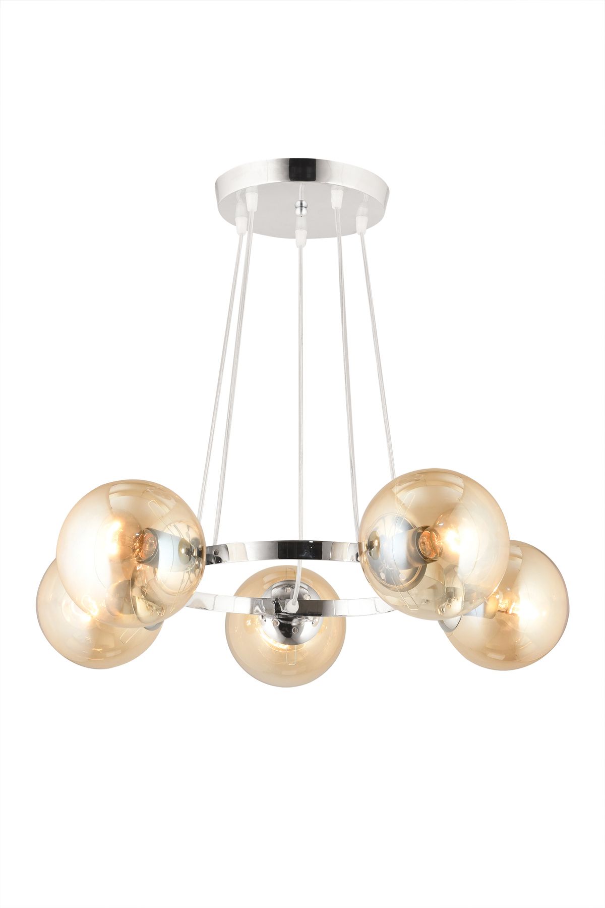 SONSUZ AYDINLATMA&AVİZE-Queen Chrome 5-Piece Ring Honey Globe Glass Modern Chandelier 2