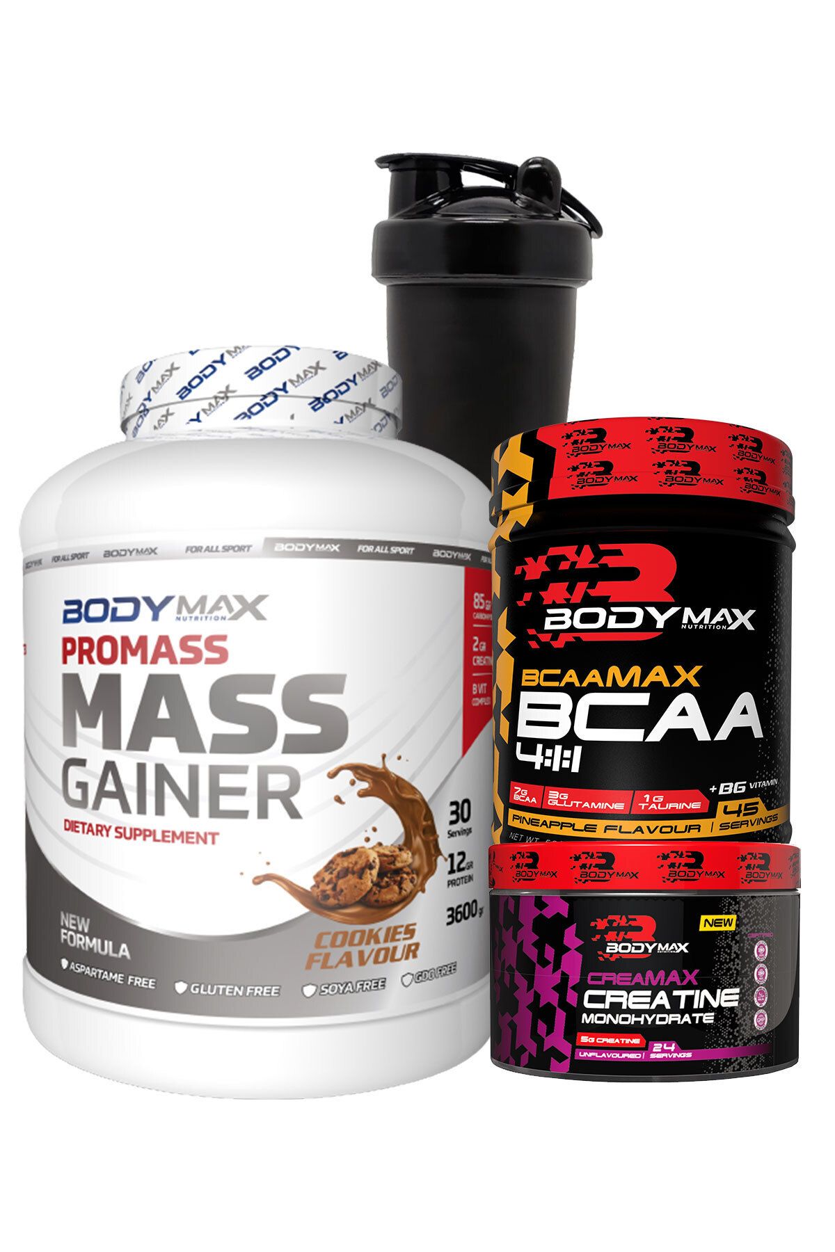 BODYMAX Promass Mass Gainer 3600g Kurabiyeli + Bcaamax Bcaa 585g Ananslı + Creamax Kreatin 120g + Shaker