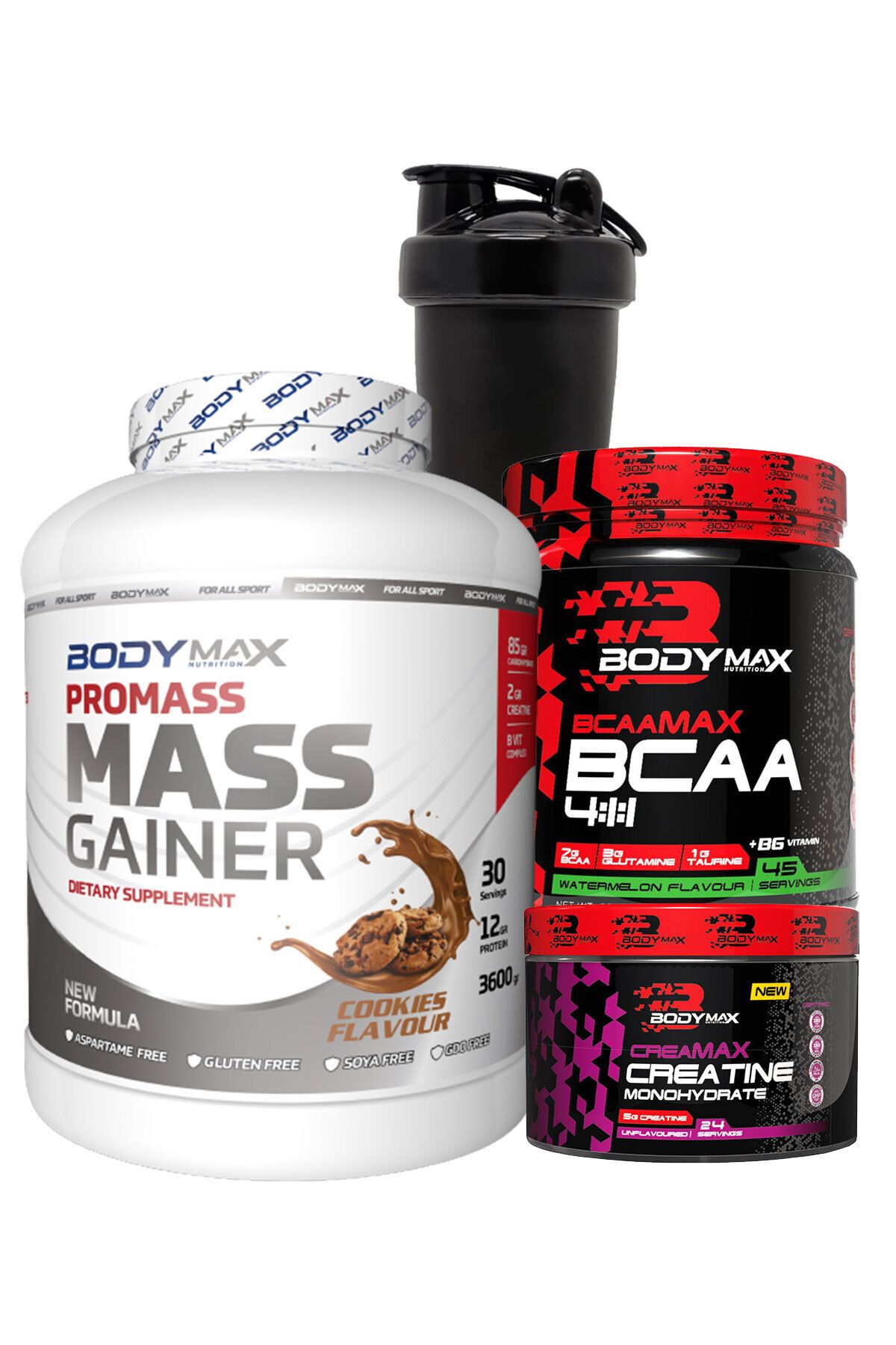 BODYMAX Promass Mass Gainer 3600g Kurabiyeli + Bcaamax Bcaa 585g Karpuzlu + Creamax Kreatin 120g + Shaker