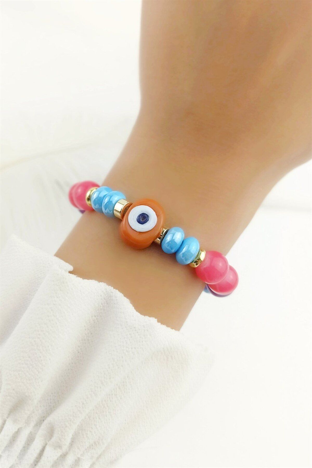 Çlk Accessories-Purple Beaded Fish Line Evil Eye Bead Bracelet Trbilek70044 1