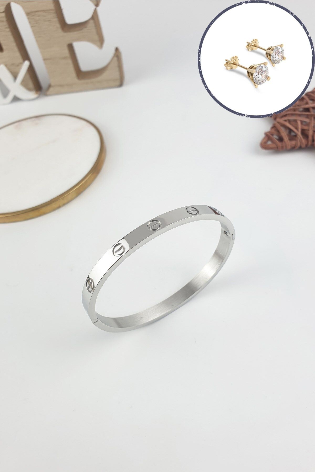 JEWELRY Çelik Kelepçe Bileklik Rose Zirkon Küpe