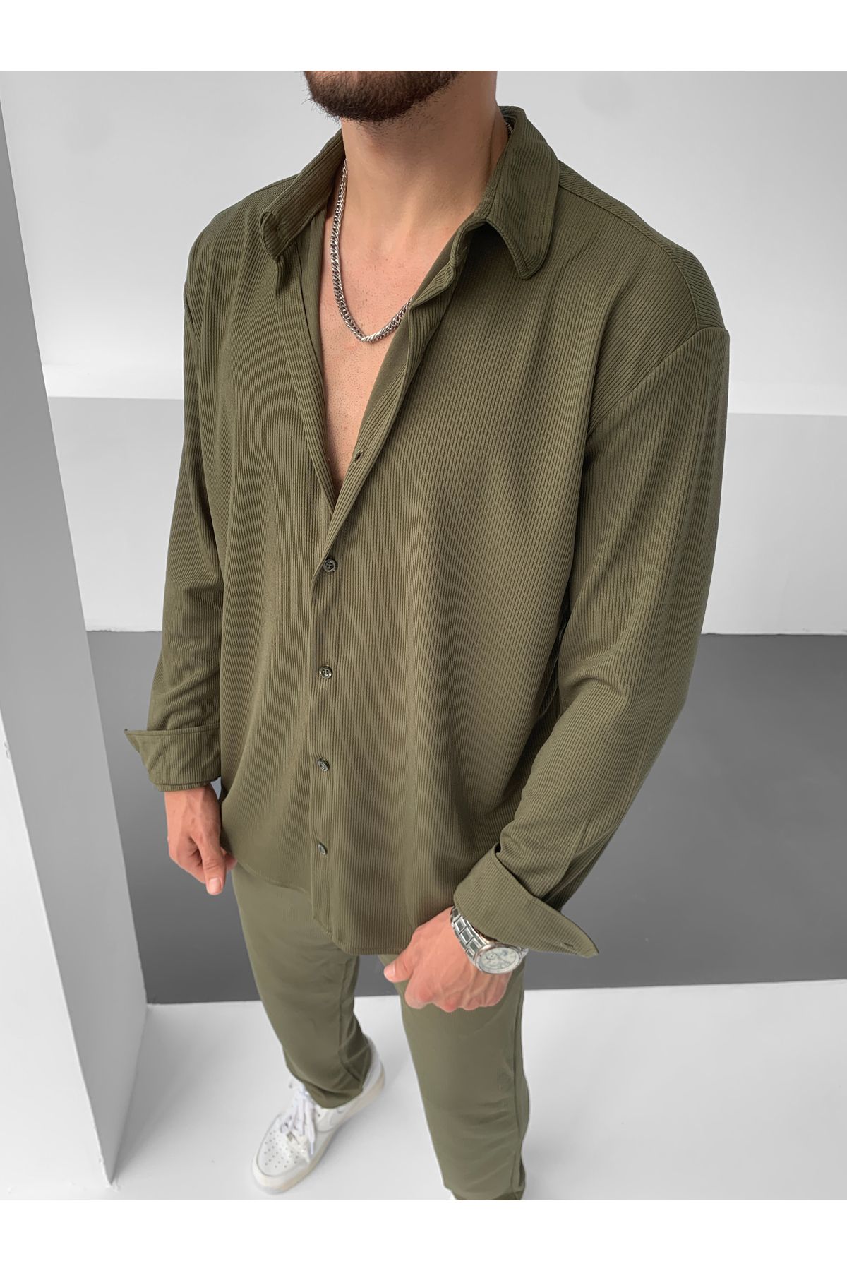 NO1 KONSEPT-Khaki Long Sleeve Relaxed Fit Twisted Corded Set 1