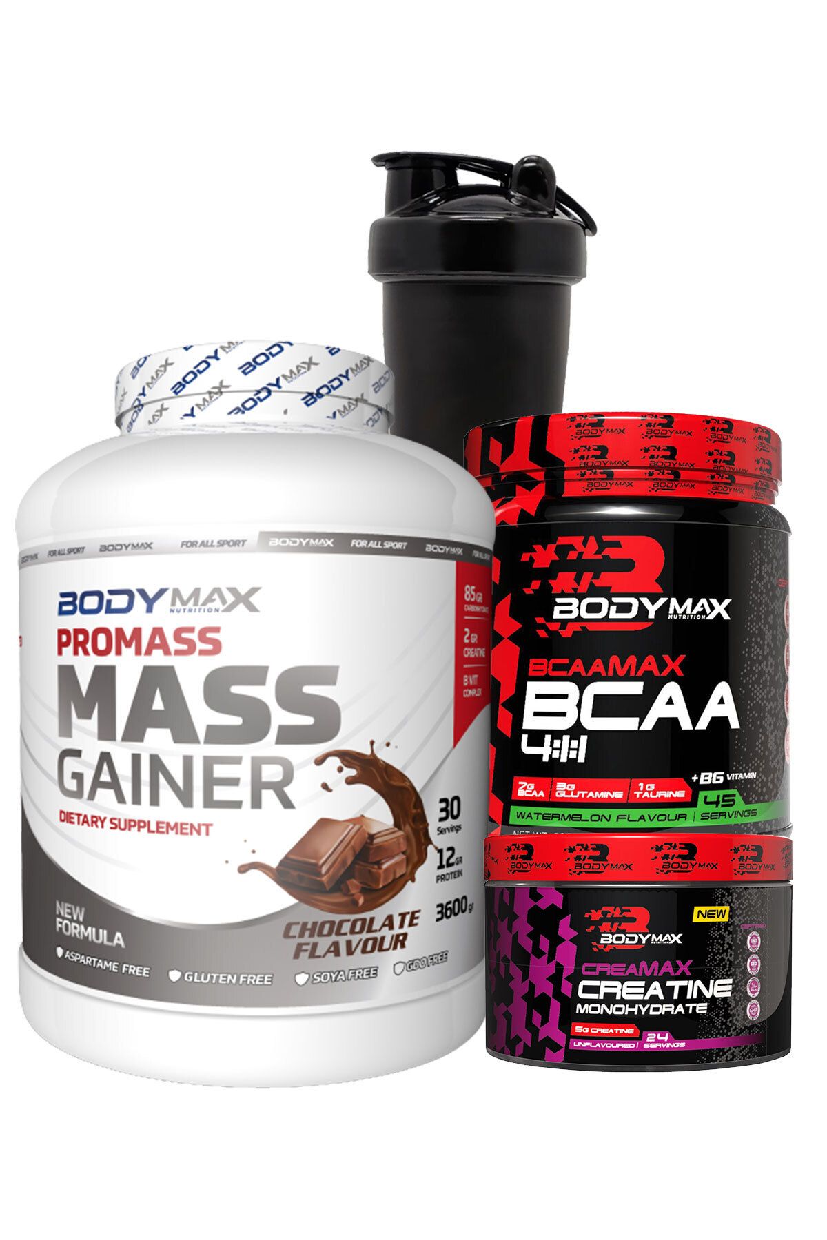 Promass Mass Gainer 3600g Çikolatalı + Bcaamax Bcaa 585g Karpuzlu + Creamax Kreatin 120g + Shaker