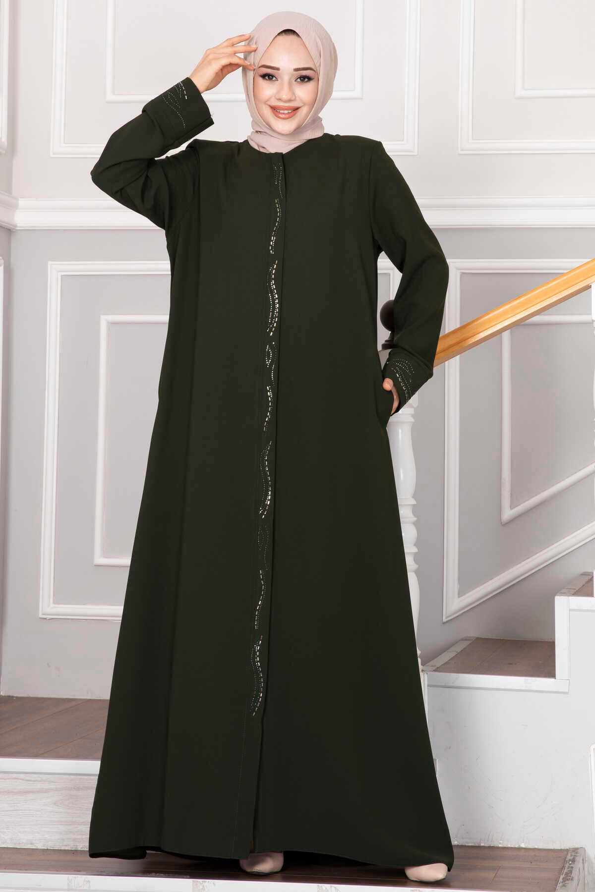 EBRUTESETTÜR Elegant Stone Detailed Hijab Ferace Khaki