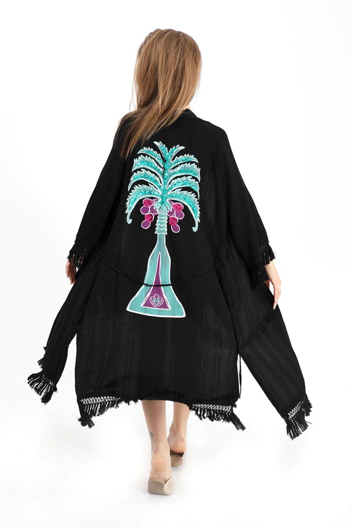 Moka Shopin-Black Mokashopin Kimono - Palm Print and Tassels 5