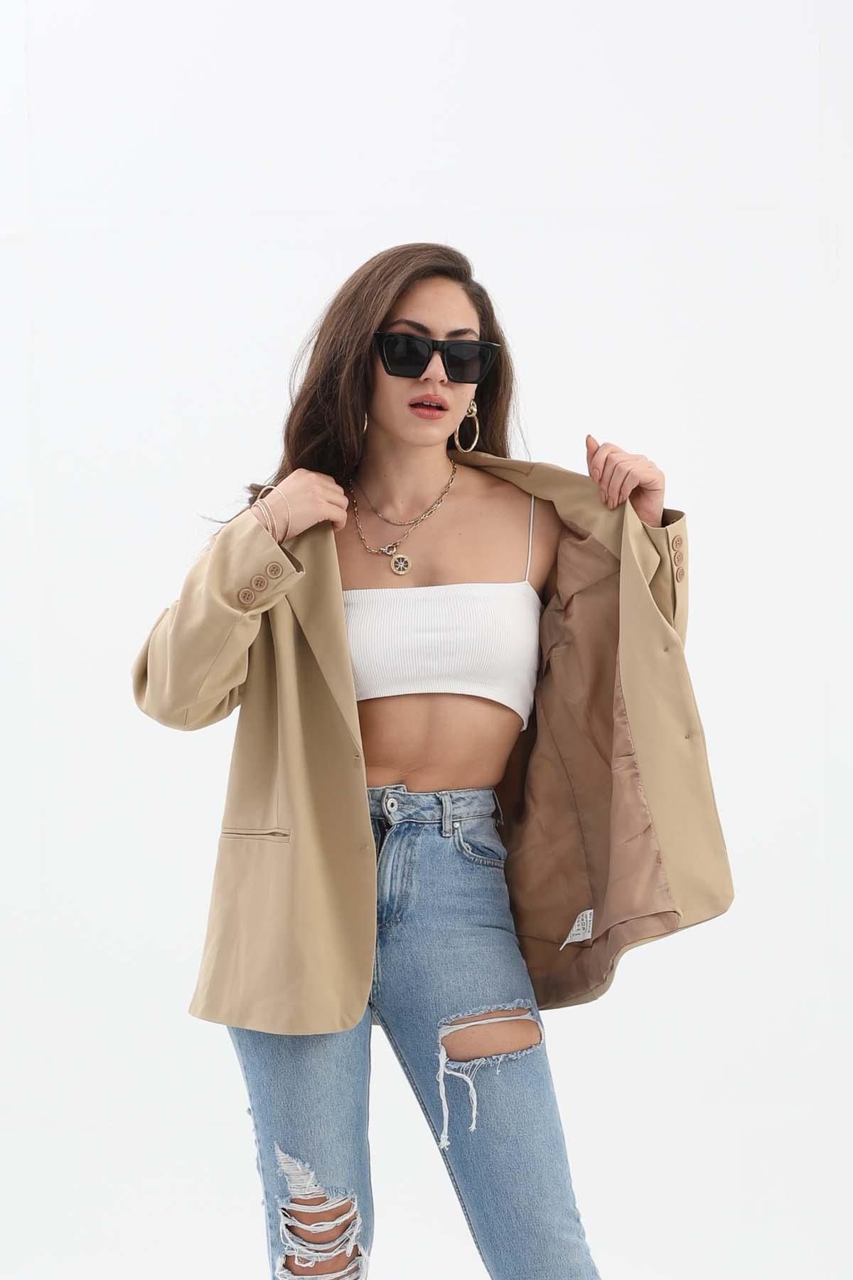 Rose's Boutique All About Women-Rose's Boutiqe All about Women's Double Breasted Lapel Oversize Blazer Jacket - Mink 3