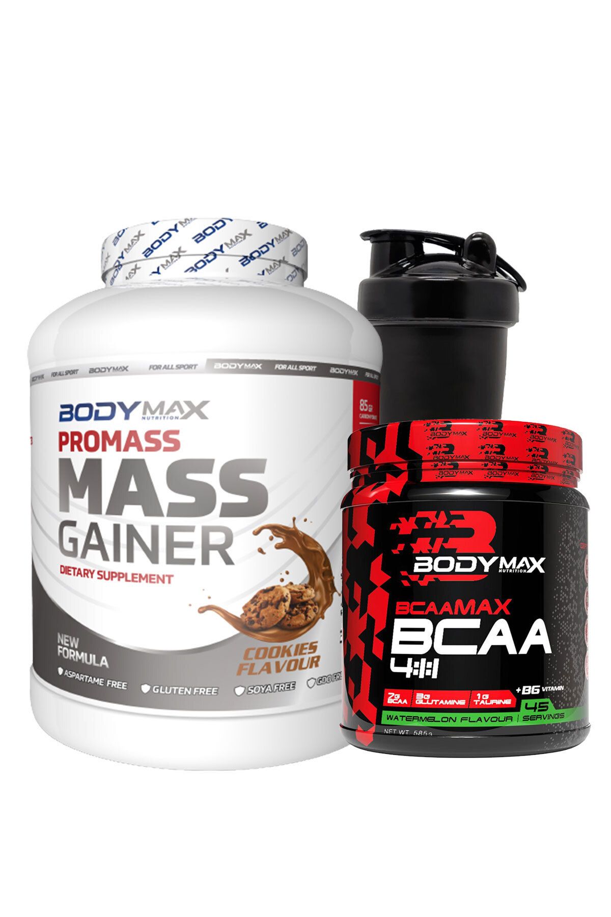 BODYMAX Promass Mass Gainer 3600 Gr Kurabiyeli + Bcaamax Bcaa 585 Gr Karpuzlu + Shaker