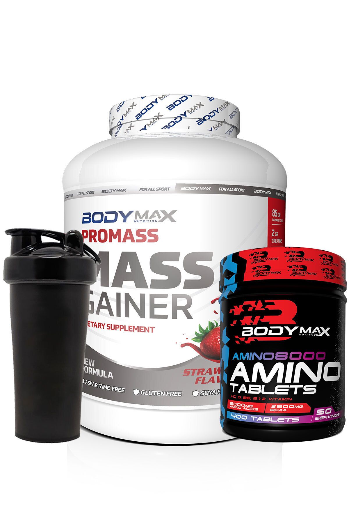 BODYMAX Promass Mass Gainer 3600 Gr Çilek Aromalı + Amino8000 Amino Asit 400 Tablet + Shaker Hediyeli