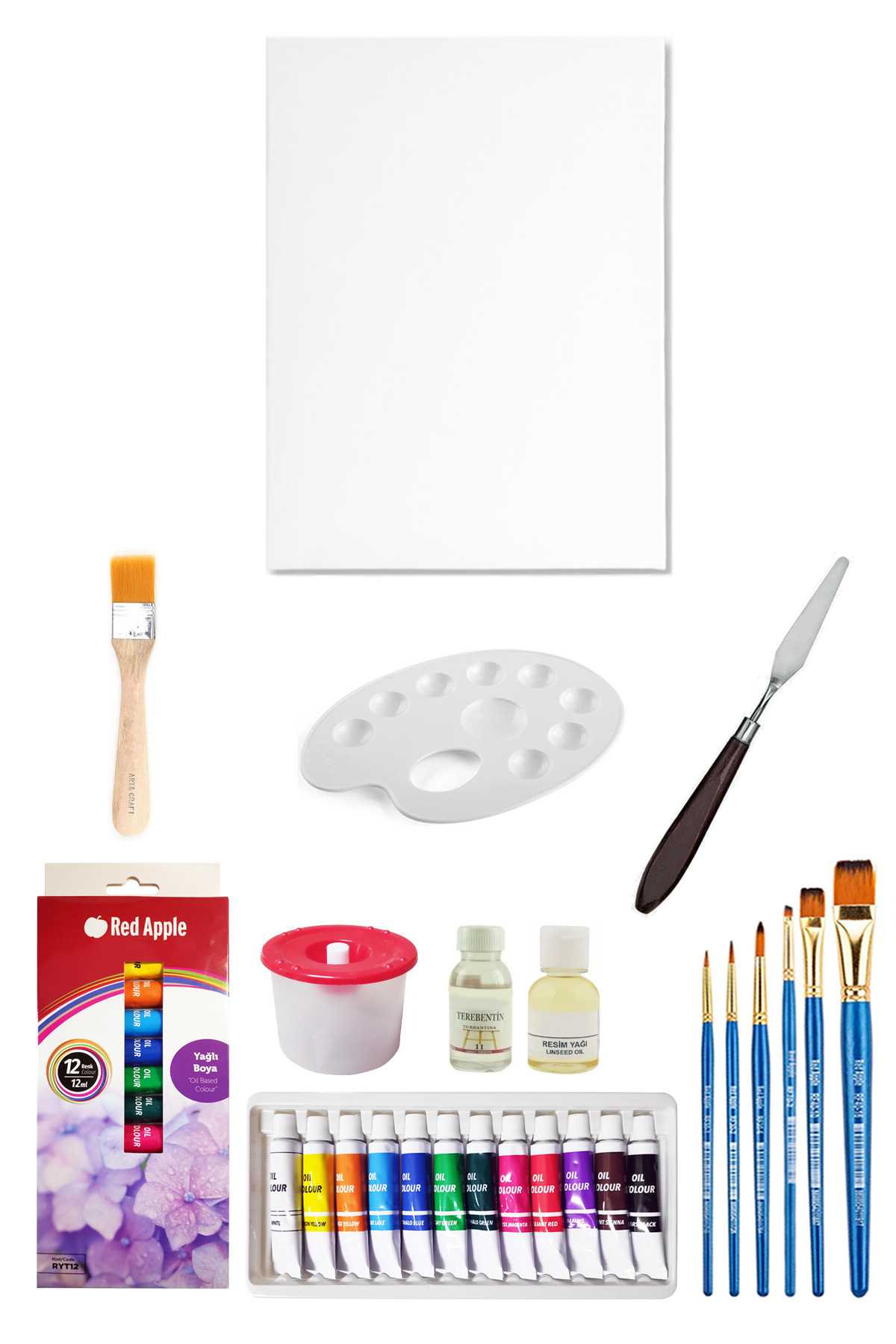 ACUTO Red Apple Tüp Yağlı Boya Seti 12 ml 12'li 35x50 Tuval Seti Metal Spatül Zemin Fırça Resim Paleti