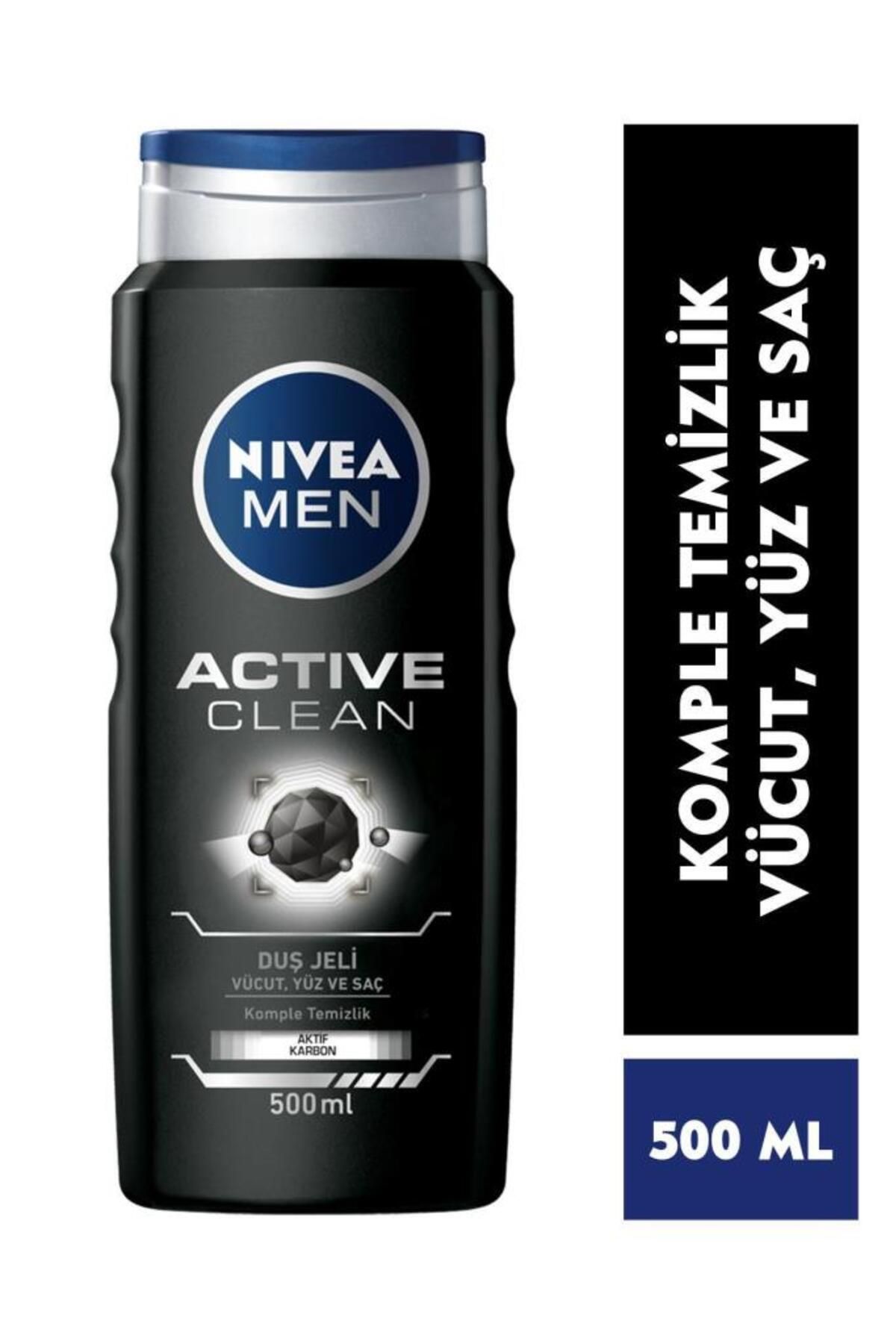 NIVEA Men Erkek Duş Jeli Active Clean 500 Ml, 3'ü 1 Arada Komple Bakım, Aktif Karbon, Vücut Saç Ve Yüz