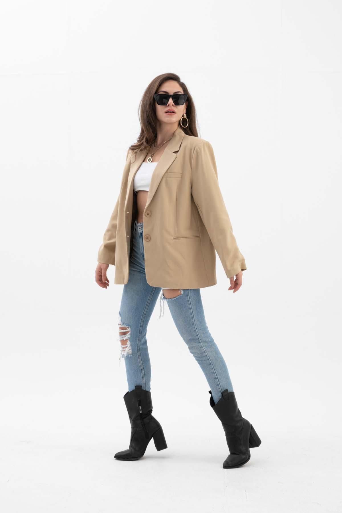 Rose's Boutique All About Women-Rose's Boutiqe All about Women's Double Breasted Lapel Oversize Blazer Jacket - Mink 5