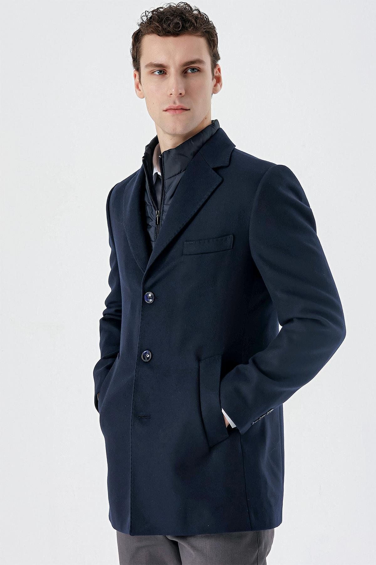 İmza-Dark Navy Blue Stamped Mono Collar Quilted Lining Slim Fit Slim Fit Classic Coat1008235167 2