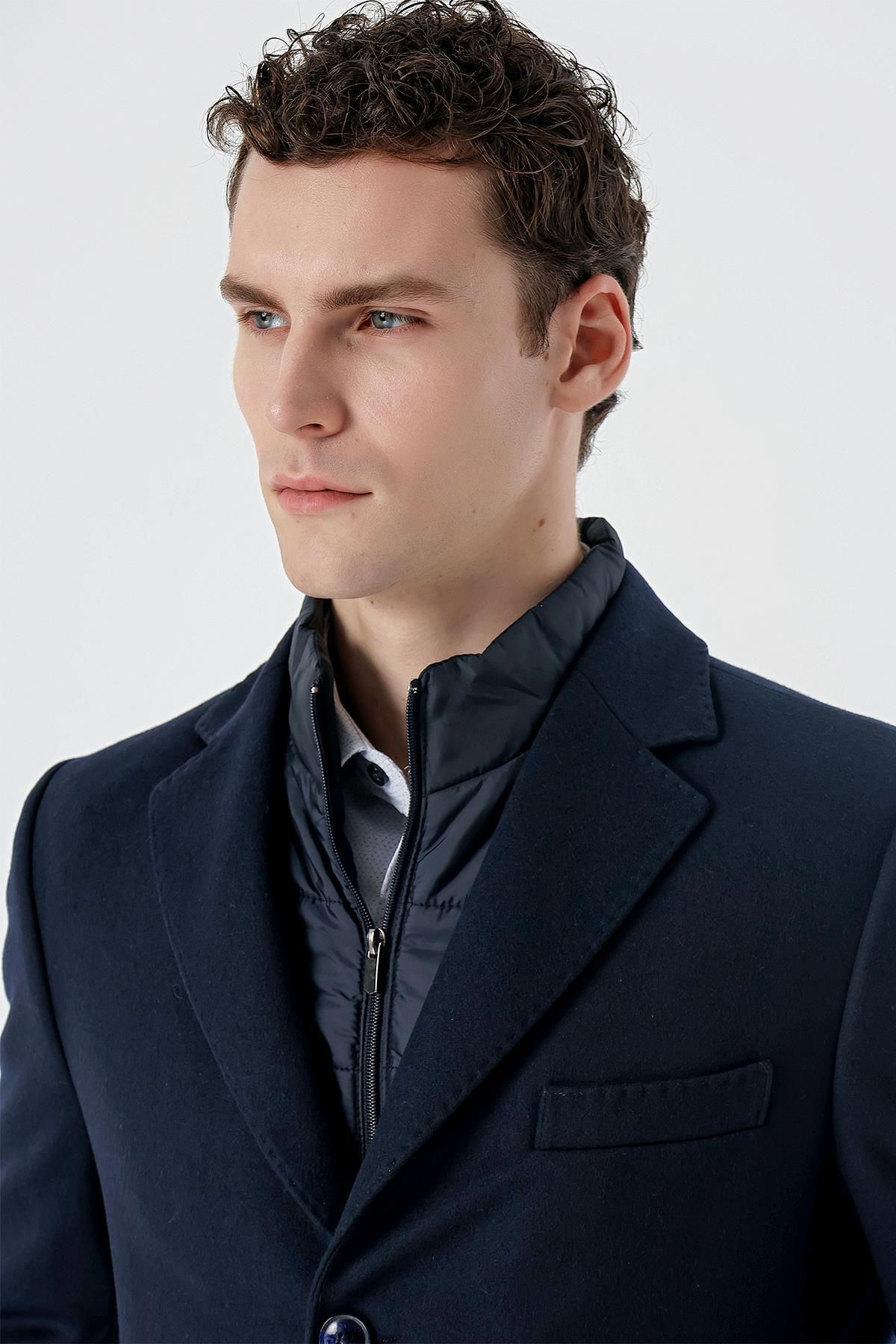 İmza-Dark Navy Blue Stamped Mono Collar Quilted Lining Slim Fit Slim Fit Classic Coat1008235167 5