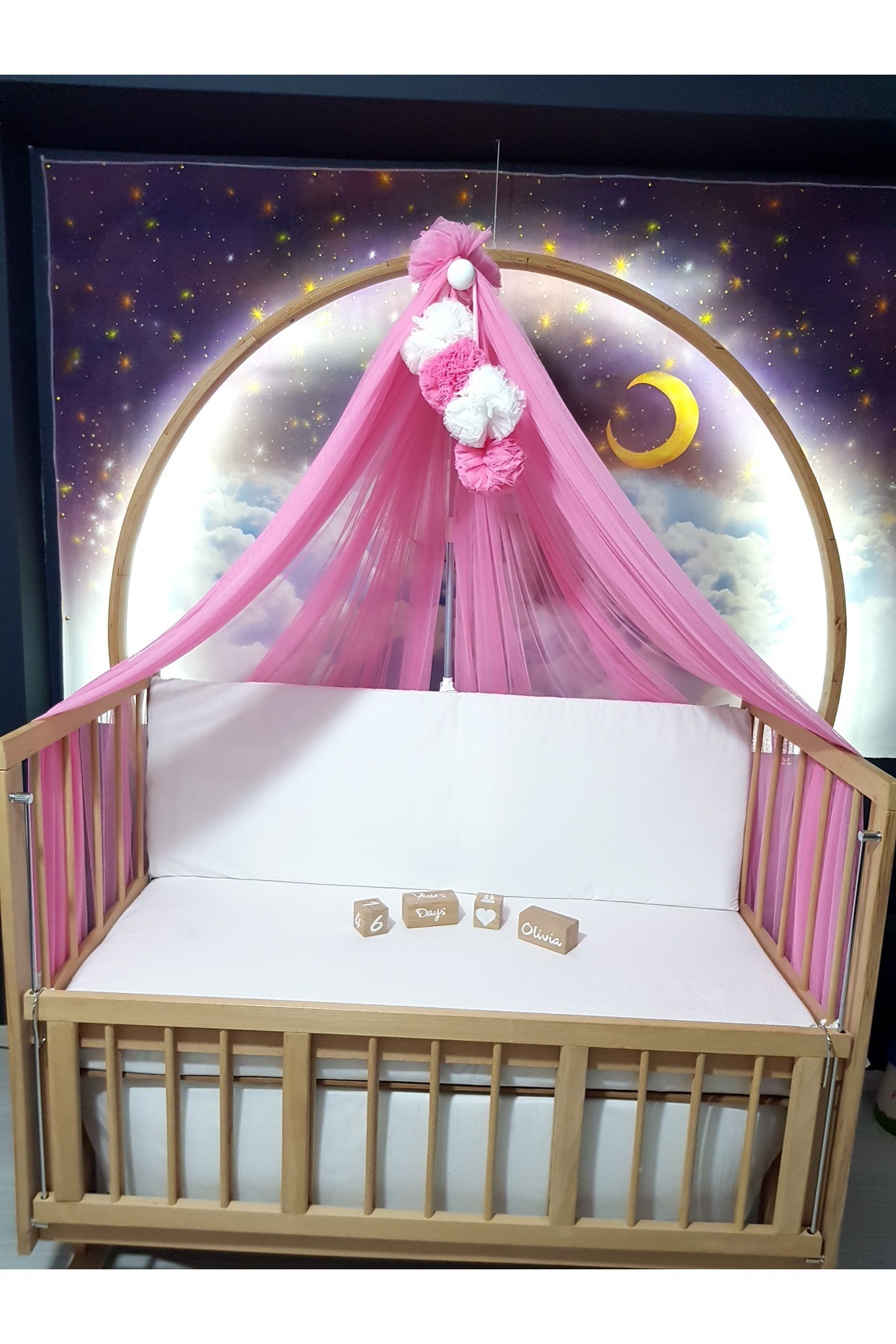 bebek_iklimi Bebek Lüks Cibinlik Takımı - Koyu Pembe Ve Beyaz Dört Ponponlu - 6 Metre Likra Tül (APARAT DAHİL) fotoğrafı 2 (önizleme)