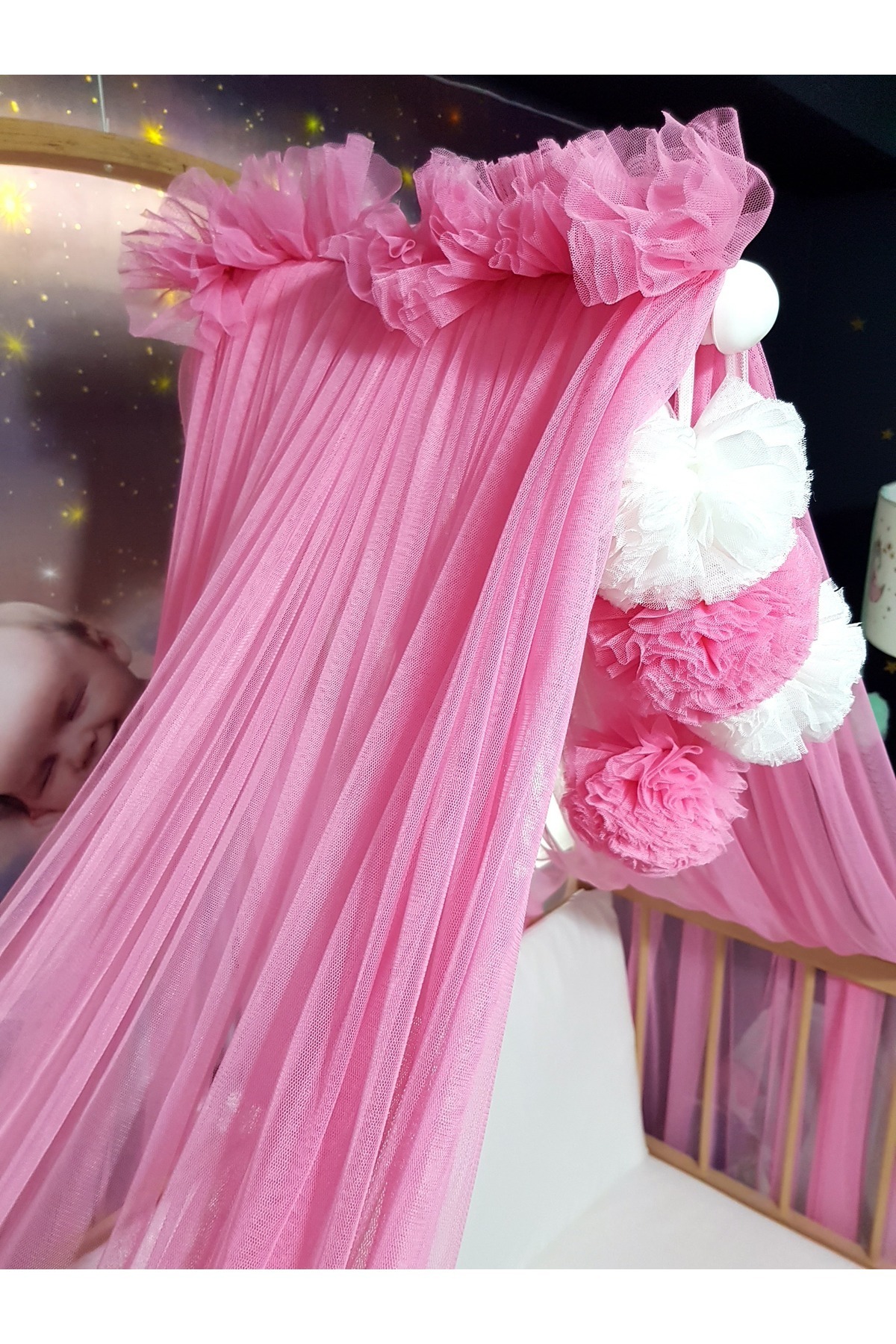 bebek_iklimi Bebek Lüks Cibinlik Takımı - Koyu Pembe Ve Beyaz Dört Ponponlu - 6 Metre Likra Tül (APARAT DAHİL) fotoğrafı 6 (önizleme)