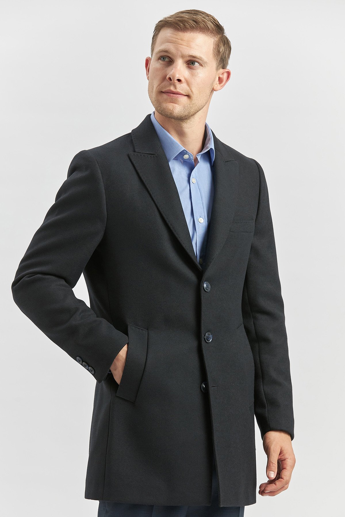 İmza  Koyu Lacivert Kaşe Kırlangıç Yaka Yırtmaçlı Kapitoneli Astar Comfort Fit Palto 1005245157 - Görsel 2