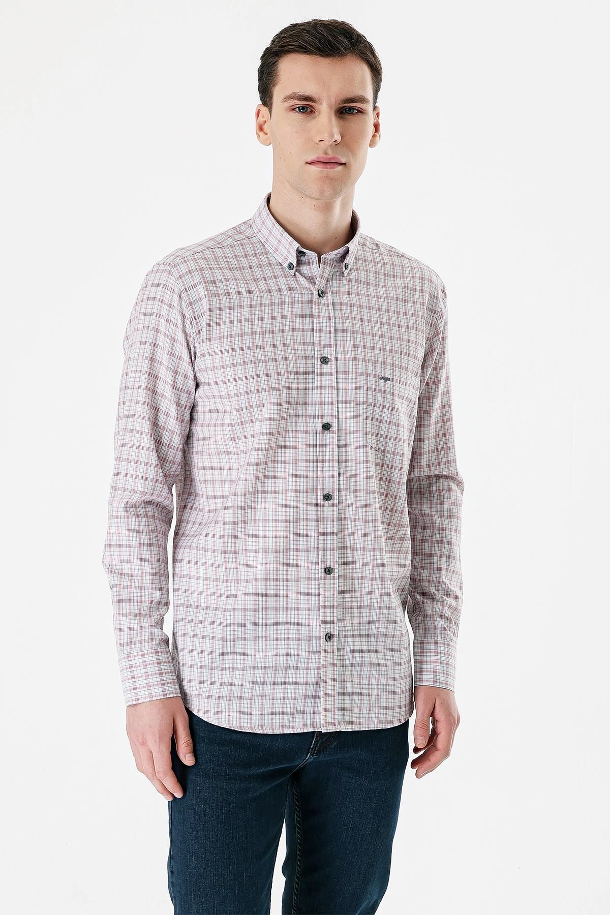 İmza-Claret Red Long Sleeve Checked Cloth Feet Buttoned Collar Pocket Cotton Comfort Fit Shirt1004235163 2