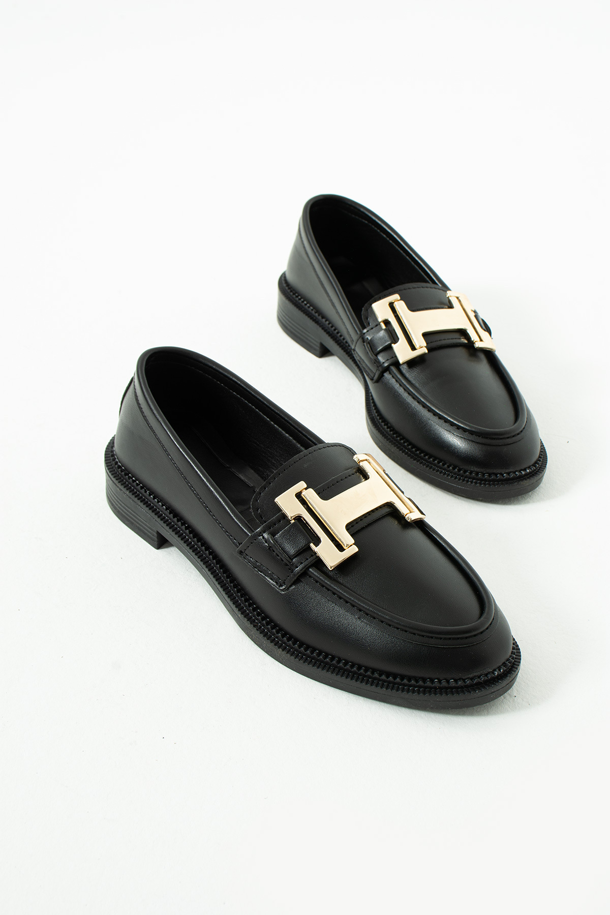 Pazzyonez Kadın Siyah Cilt Günlük Rahat Casual Kalvaniz Tokalı Klasik Loafer Ayakkabı görsel 3