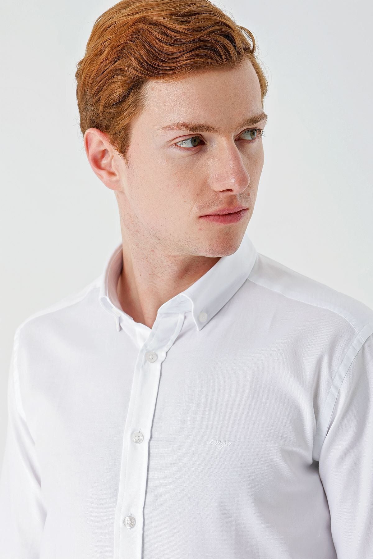 İmza-White Long Sleeve Oxford Pocketless 100% Cotton Classic Slim Fit Slim Fit Shirt1004240188 6