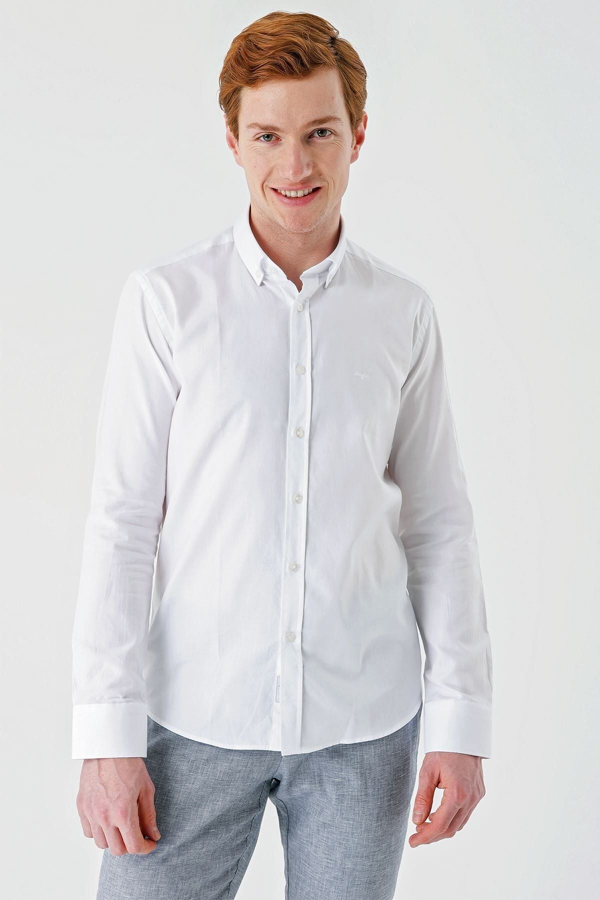 İmza-White Long Sleeve Oxford Pocketless 100% Cotton Classic Slim Fit Slim Fit Shirt1004240188 3