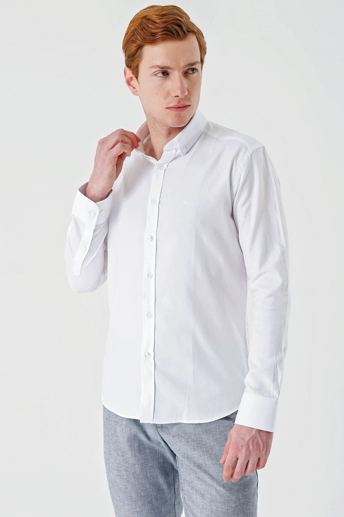 İmza-White Long Sleeve Oxford Pocketless 100% Cotton Classic Slim Fit Slim Fit Shirt1004240188 2