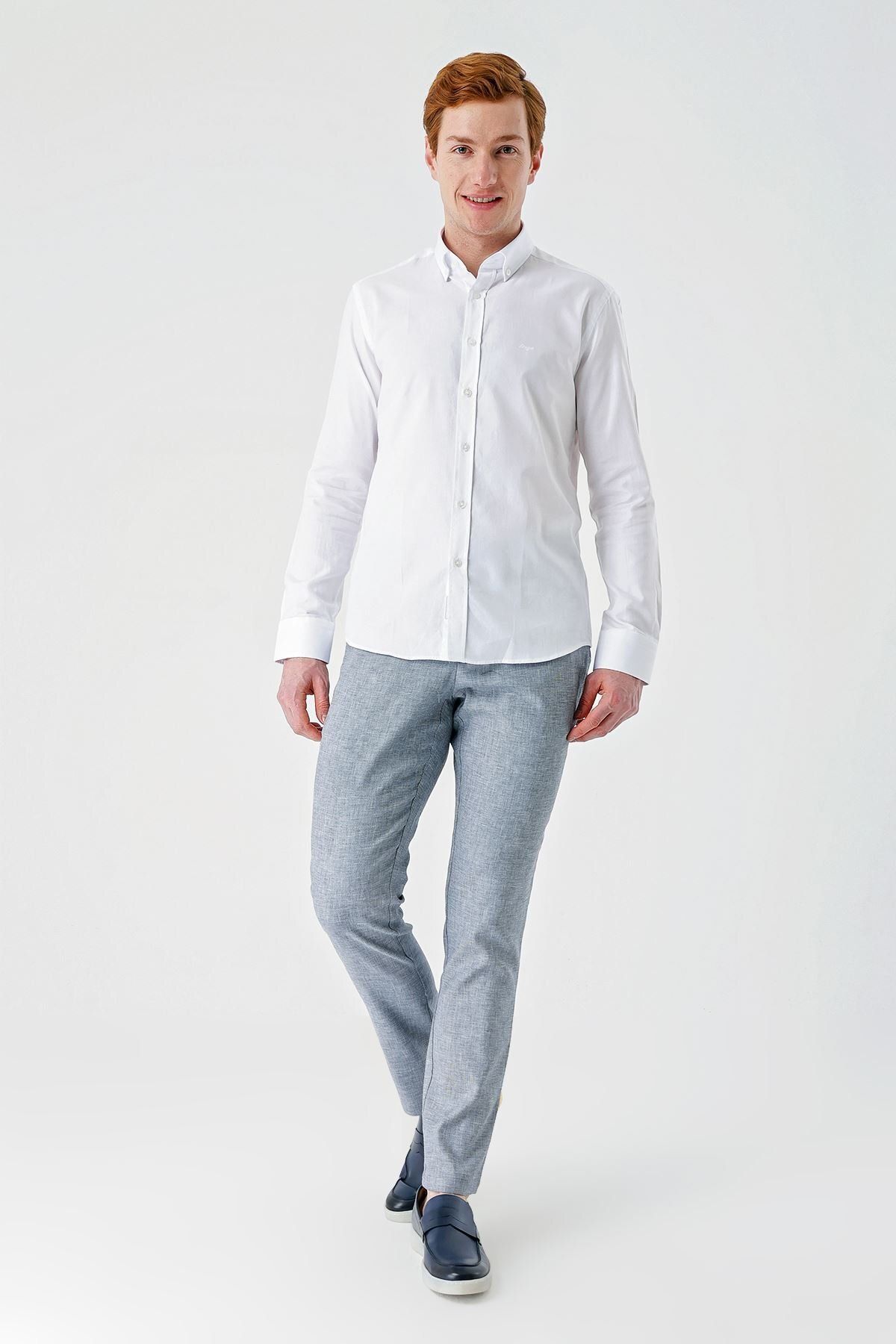 İmza-White Long Sleeve Oxford Pocketless 100% Cotton Classic Slim Fit Slim Fit Shirt1004240188 5