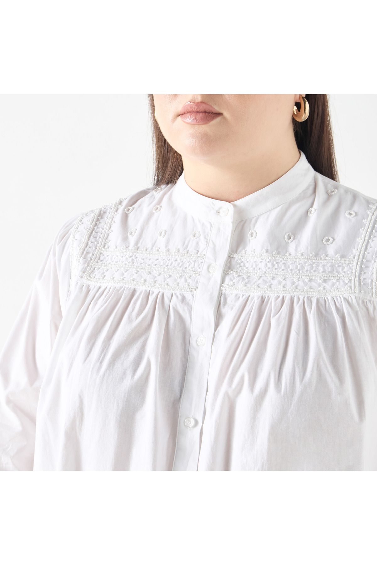 Ulla Popken-Plus Size Ulla Popken Embellished Shirt with Mandarin Collar and Long Sleeves 4