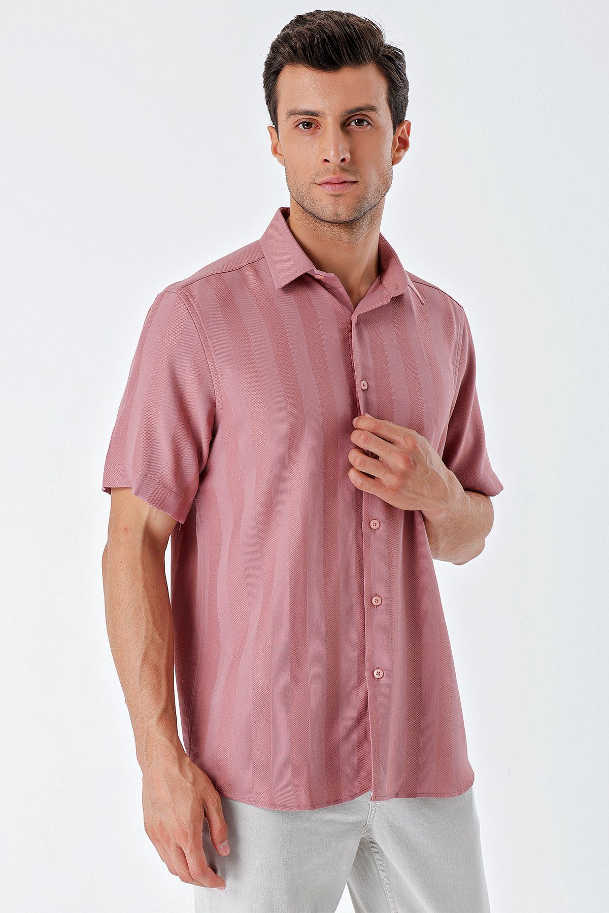 İmza-Dusty Rose Short Sleeve Patterned Dobby Solid Collar No Pocket Classic Comfort Fit Shirt 1004230204 5