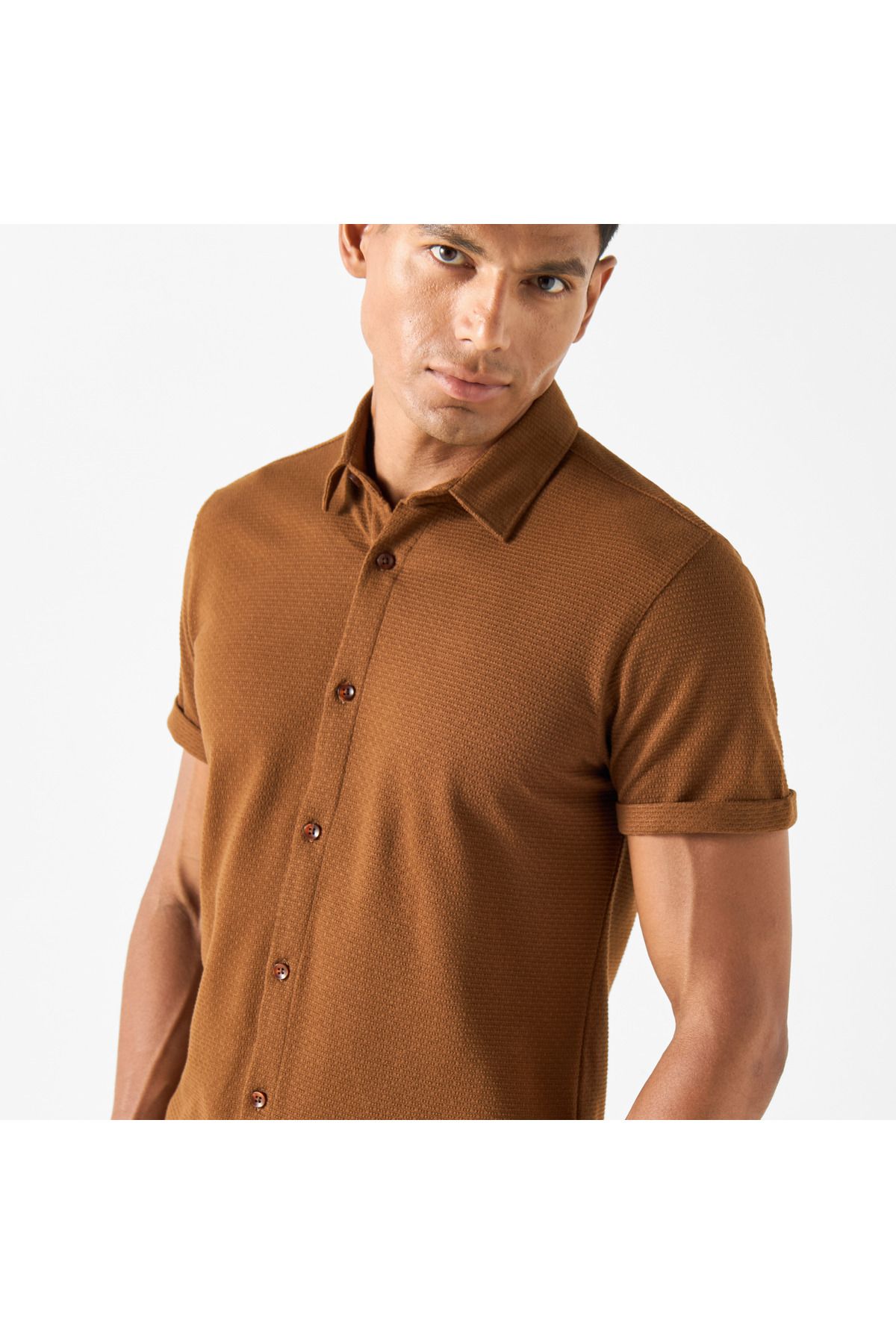 Iconic-Slim Fit Textured Shirt with Short Sleeves and Button Placket 4