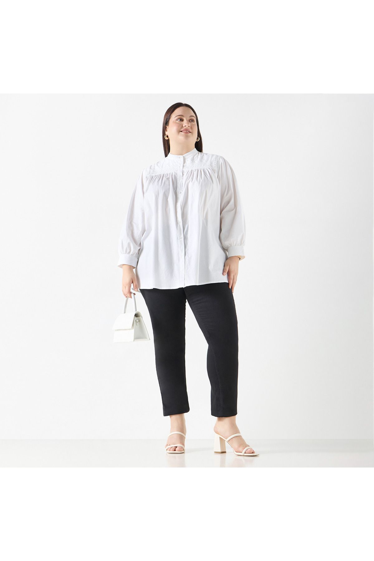 Ulla Popken-Plus Size Ulla Popken Embellished Shirt with Mandarin Collar and Long Sleeves 2